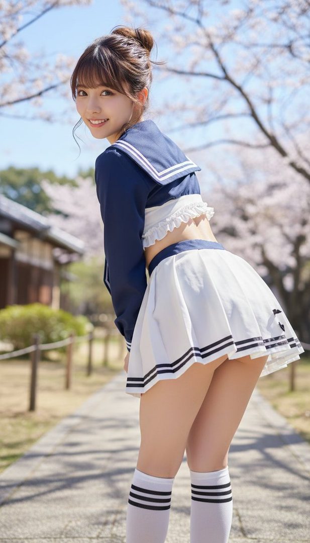A young woman in a short sailor uniform poses outdoors with cherry blossoms in the background.