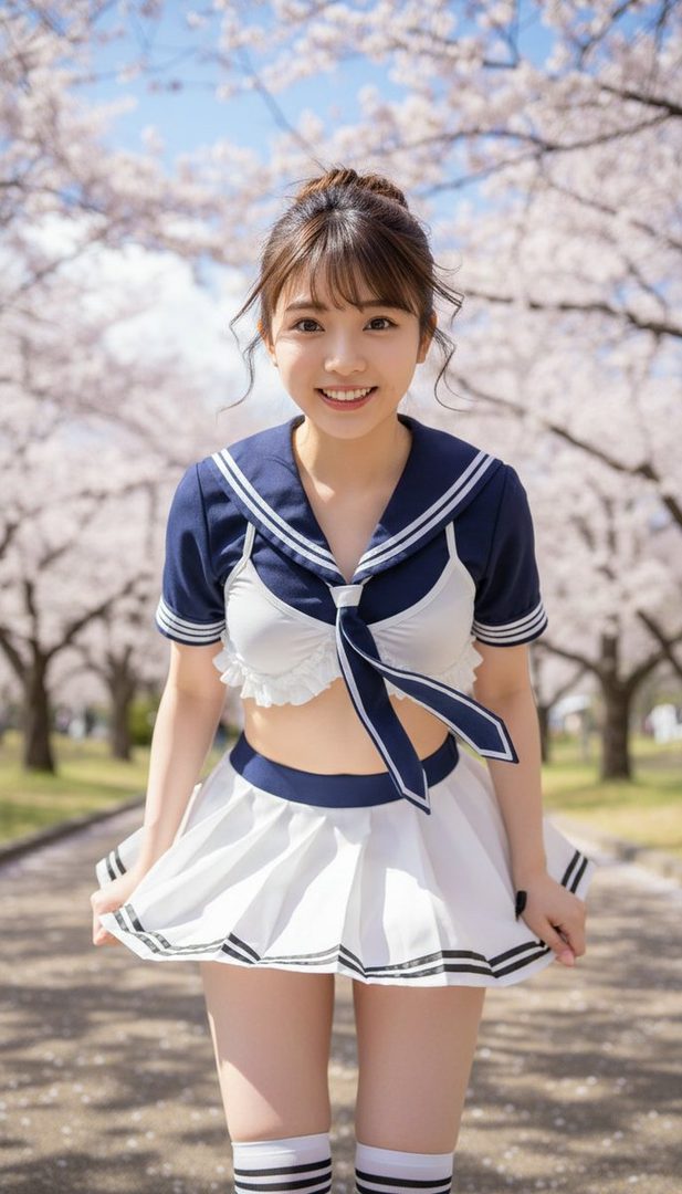 A young woman in a sailor-style uniform smiles brightly outdoors under blooming cherry trees.
