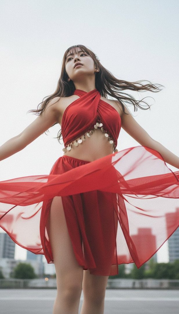 A young woman in a red belly dance-inspired outfit with flowing skirt and coin-adorned halter top poses outdoors with buildings in the background.