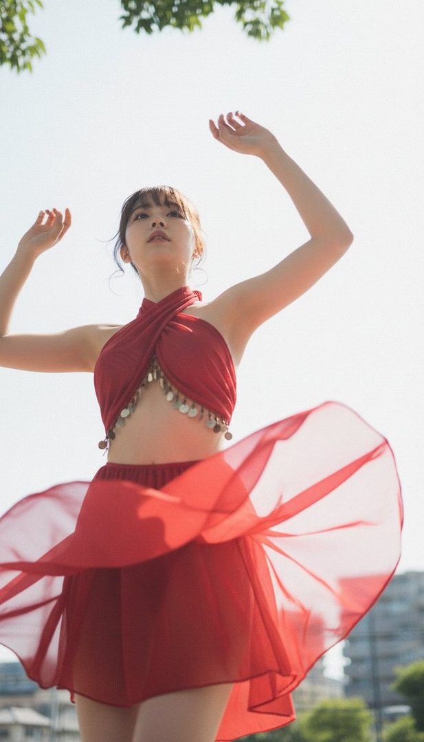 A young woman in a red belly dance-inspired outfit with coins on the top and a flowing skirt, posing outdoors with her arms raised.