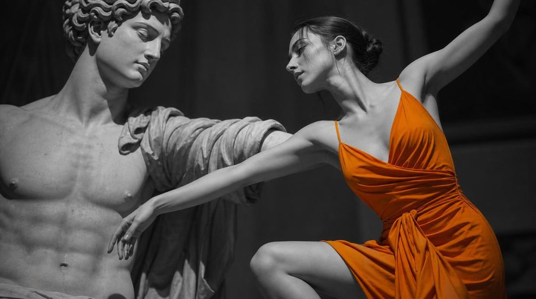 A woman in an orange dress poses next to a classical statue.