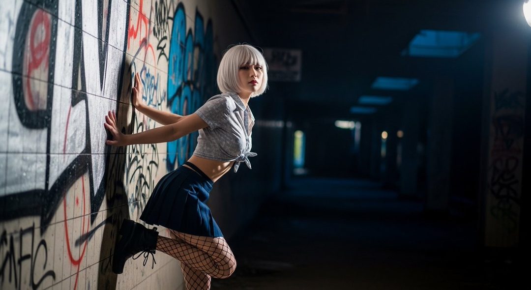 A young woman with short white hair and a grey tie-front shirt and dark skirt leans against a graffiti-covered wall in a dimly lit corridor.