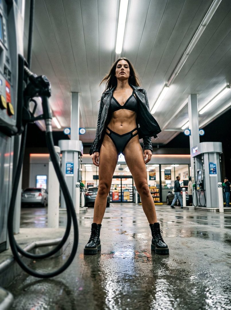 A woman in a black bikini and leather jacket stands at a gas station at night.