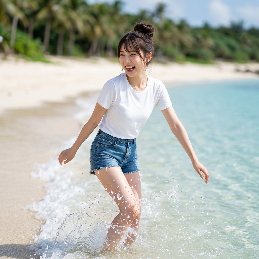 A young woman with her hair in a bun, wearing a white t-shirt and denim shorts, splashes in the shallow water at a tropical beach.