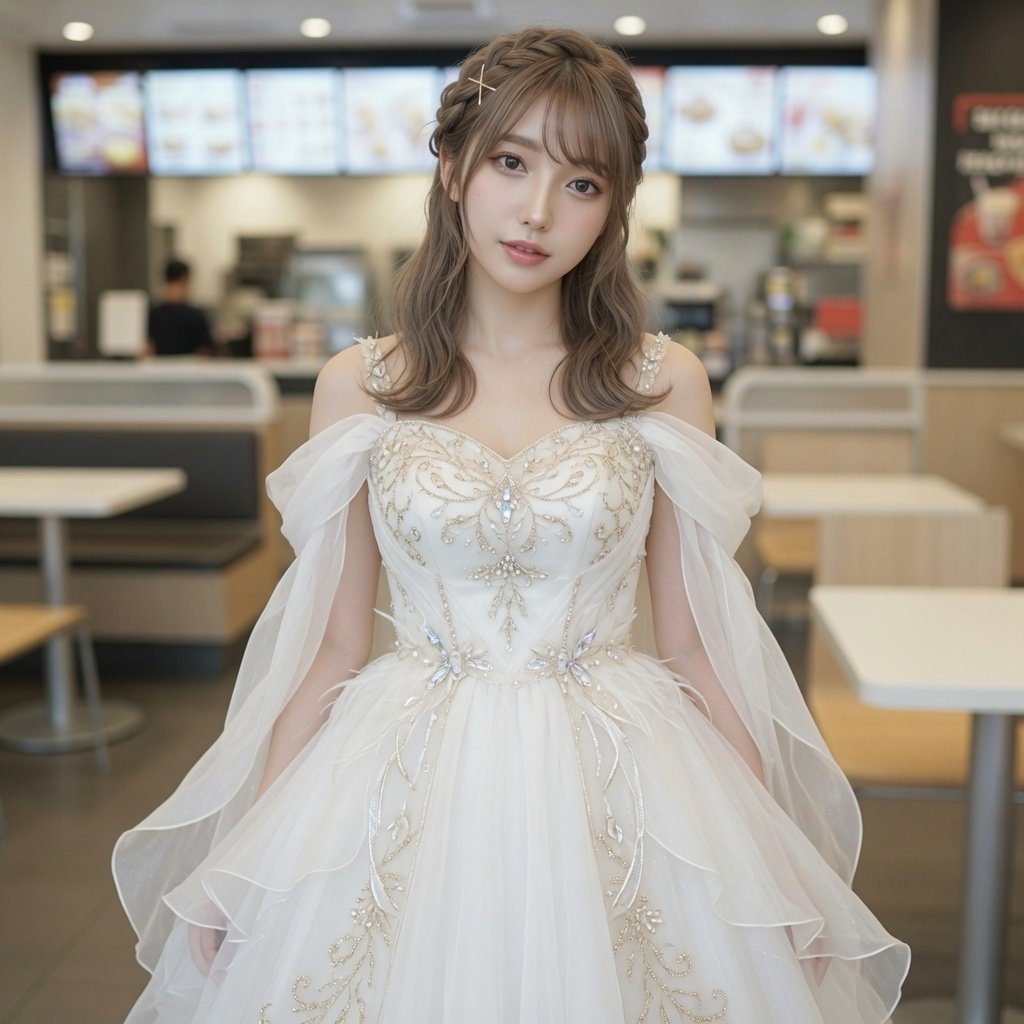 A young woman with long brown hair and bangs, wearing an elegant white off-the-shoulder dress adorned with gold embroidery and jewels, poses indoors in what appears to be a fast-food restaurant.