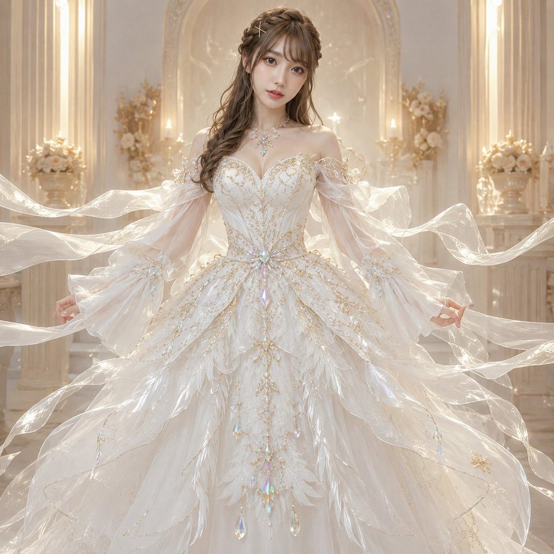 A beautiful AI-generated woman in an elegant, flowing white and gold gown, posing indoors with a soft, ethereal background.