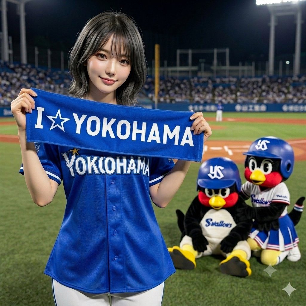 A young woman in a blue baseball jersey holds a towel that says 'I YOKOHAMA' and smiles at the camera, with mascots in the background at a baseball stadium.