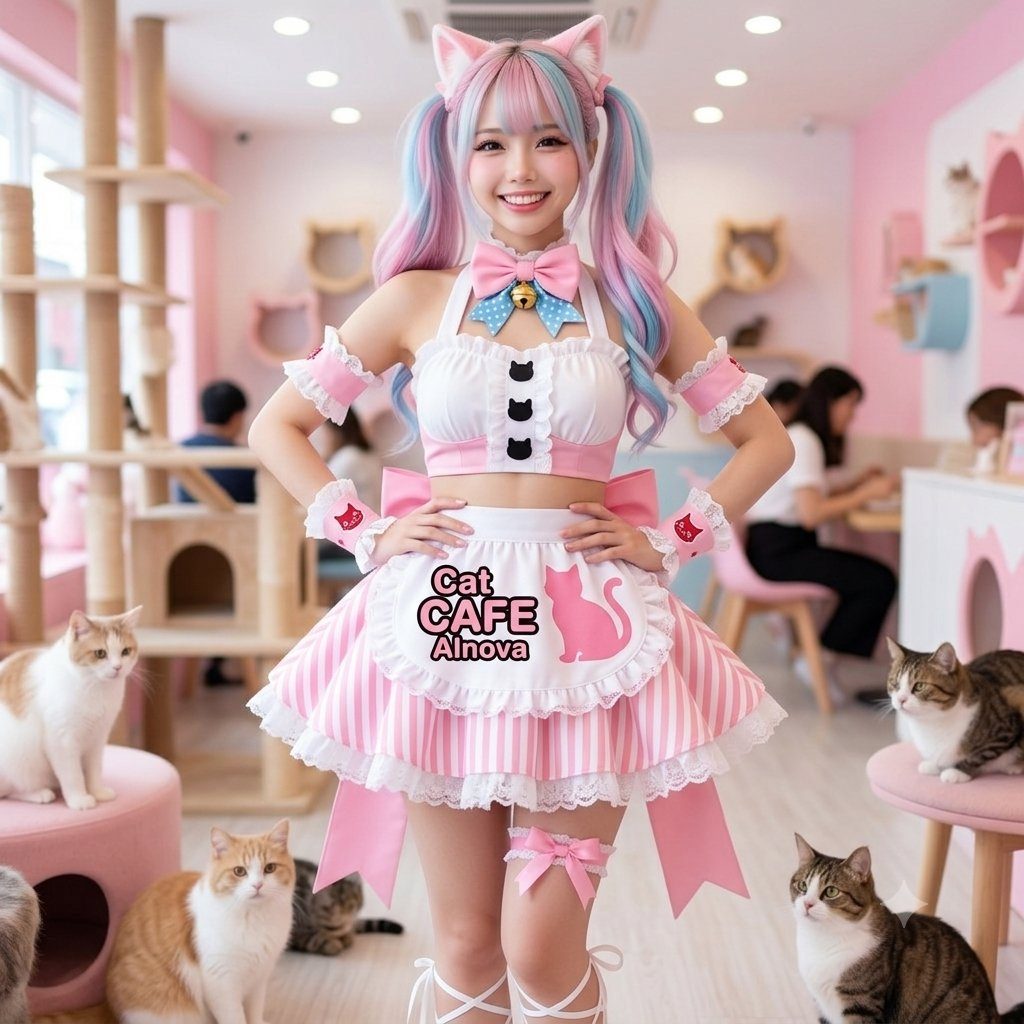 A young woman in a pink and white maid outfit with cat ears and colorful twin tails smiles at the camera in a cat cafe.