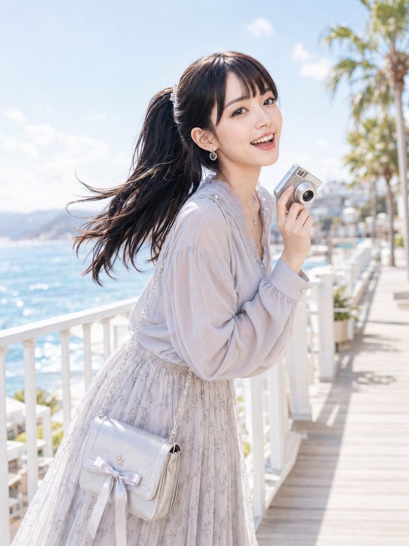 A young woman with a ponytail holds a vintage camera and smiles at the viewer on a sunny day by the sea.