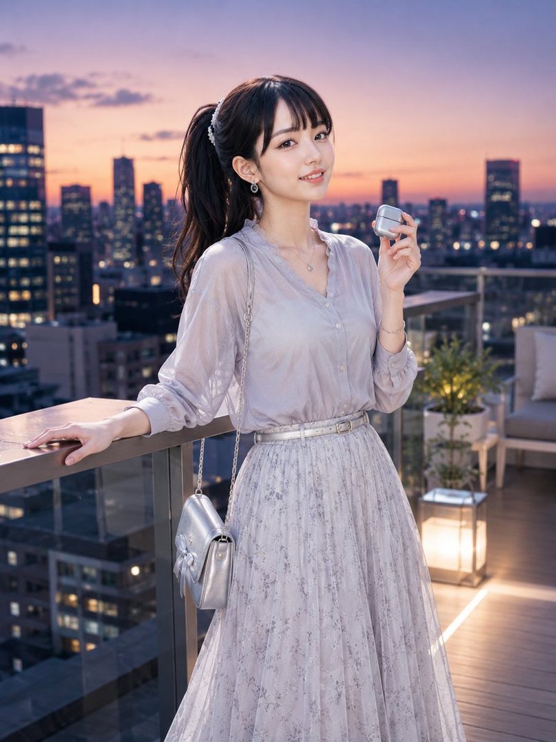 A young East Asian woman with a ponytail stands on a rooftop at sunset, wearing a light purple dress and holding a small silver compact.