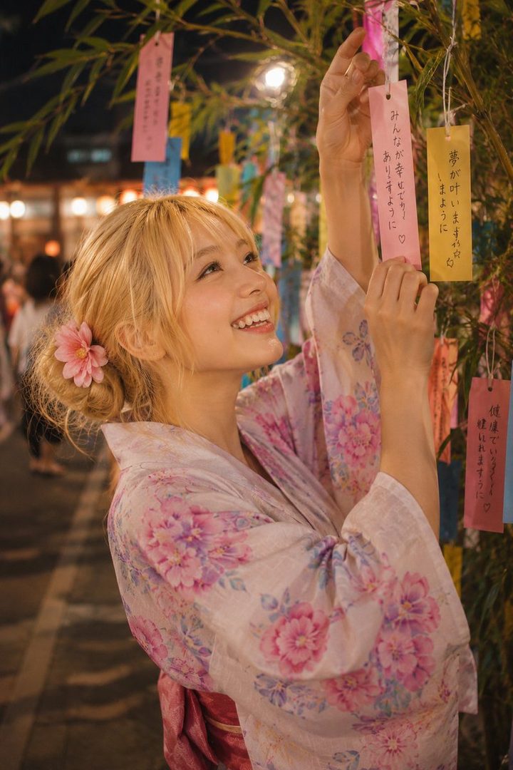 A young woman with blonde hair tied up with a pink flower, wearing a floral yukata, smiles as she hangs a wish on a bamboo tree at night.