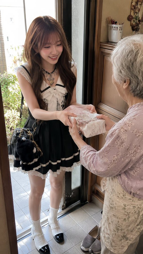 A young woman in a black and white dress hands a gift to an elderly woman at a doorway.
