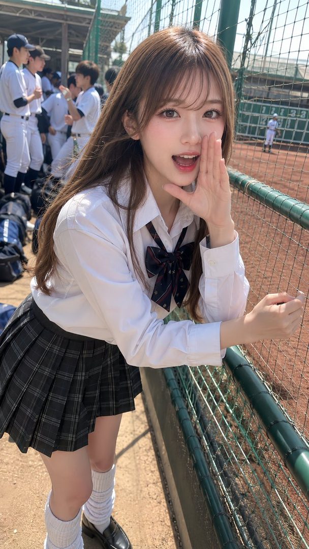 A young woman in a school uniform cheers at a baseball game.
