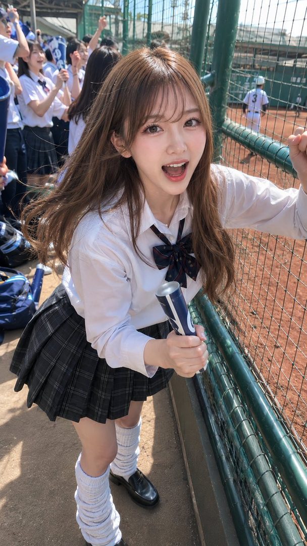 A young woman in a school uniform cheers at a baseball game, holding a drink can.