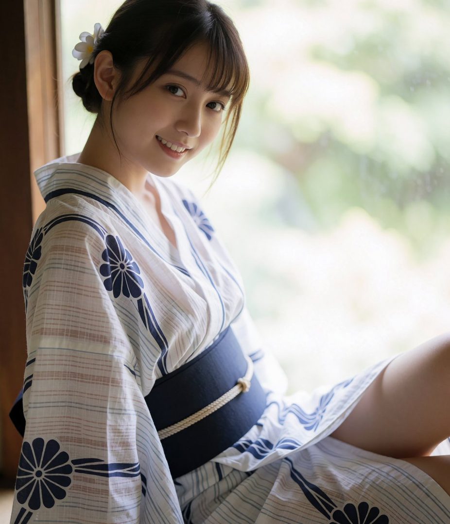 A young East Asian woman with dark hair tied up and bangs, wearing a white and blue yukata with a dark obi, smiles gently while looking at the camera. She has a white flower in her hair and is sitting indoors near a window with a blurred green background.