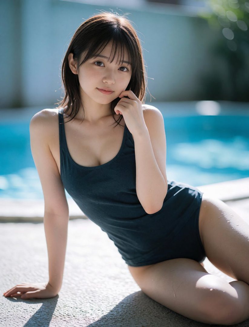 A young Japanese woman in a dark one-piece swimsuit poses by a swimming pool, with her hand touching her face.