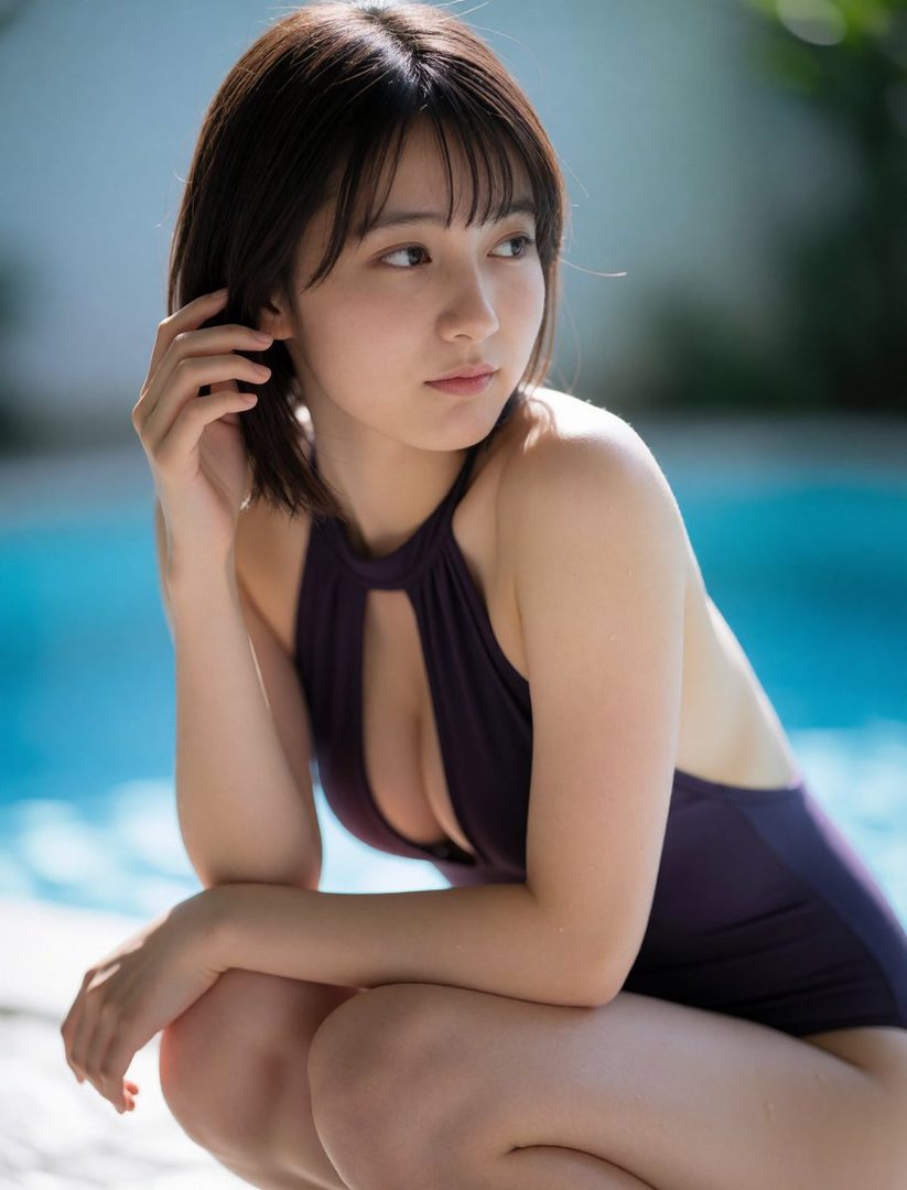 A young woman with short black hair and bangs, wearing a dark purple one-piece swimsuit with a cutout, poses by a swimming pool.