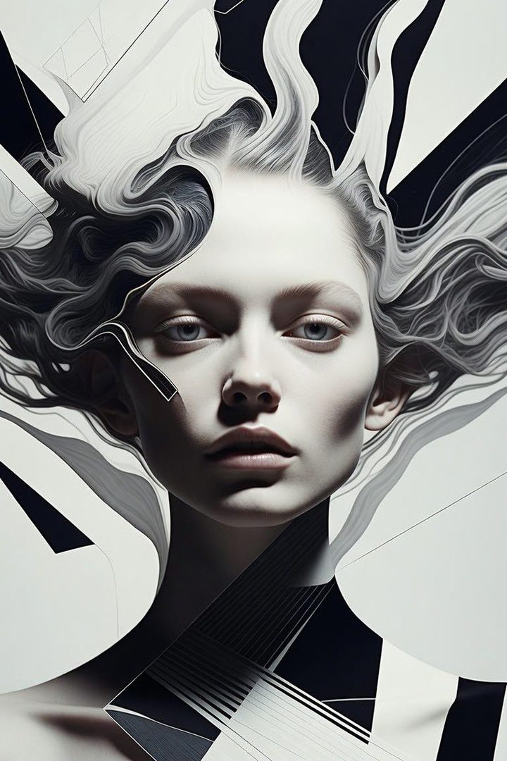 A striking black and white portrait of a woman with flowing, abstract hair and geometric patterns.