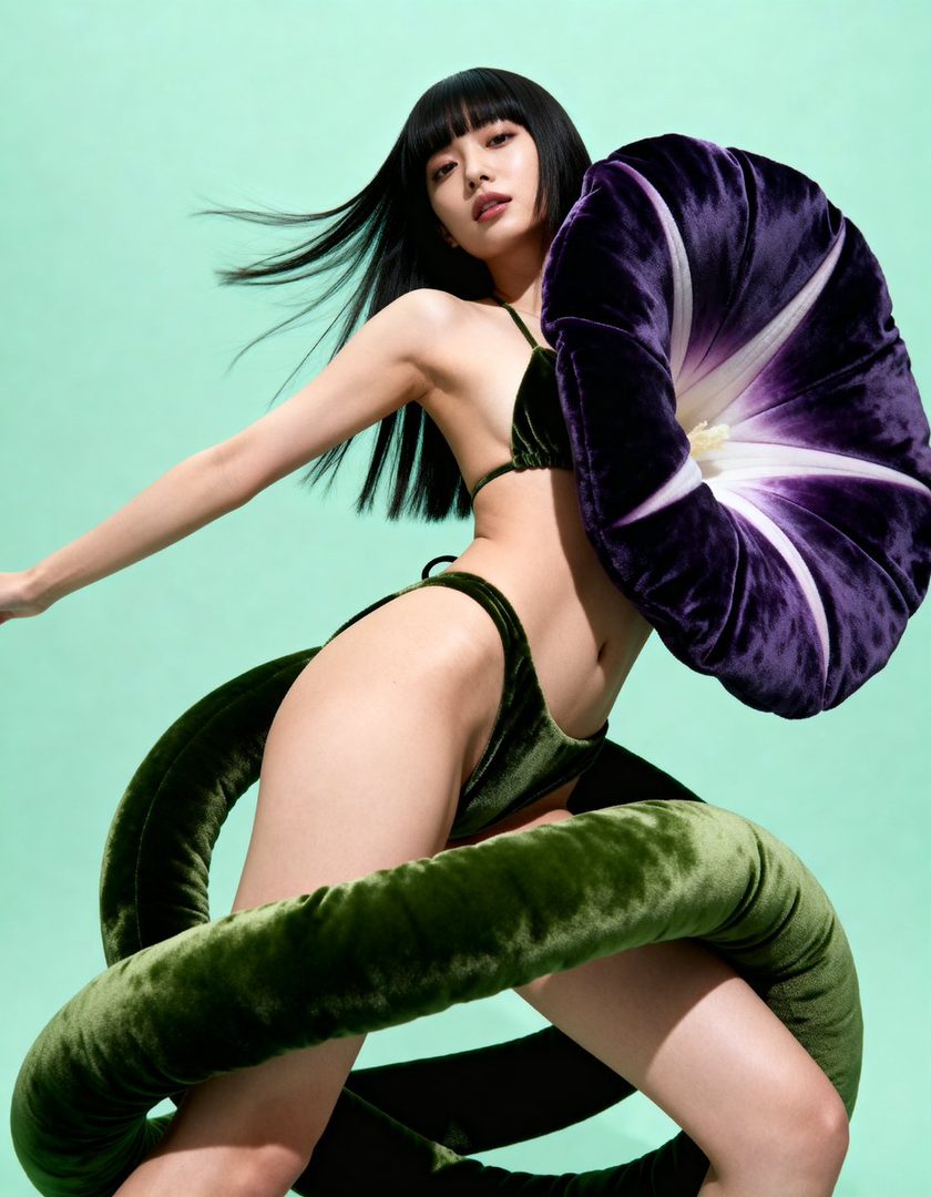 A young woman with black hair and bangs, wearing a green velvet bikini, poses with large floral props.