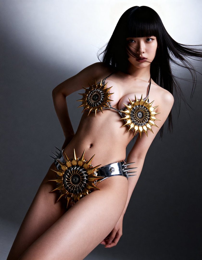 A Japanese woman with long black hair and bangs poses in a studio wearing a futuristic, spiky gold and silver bikini.
