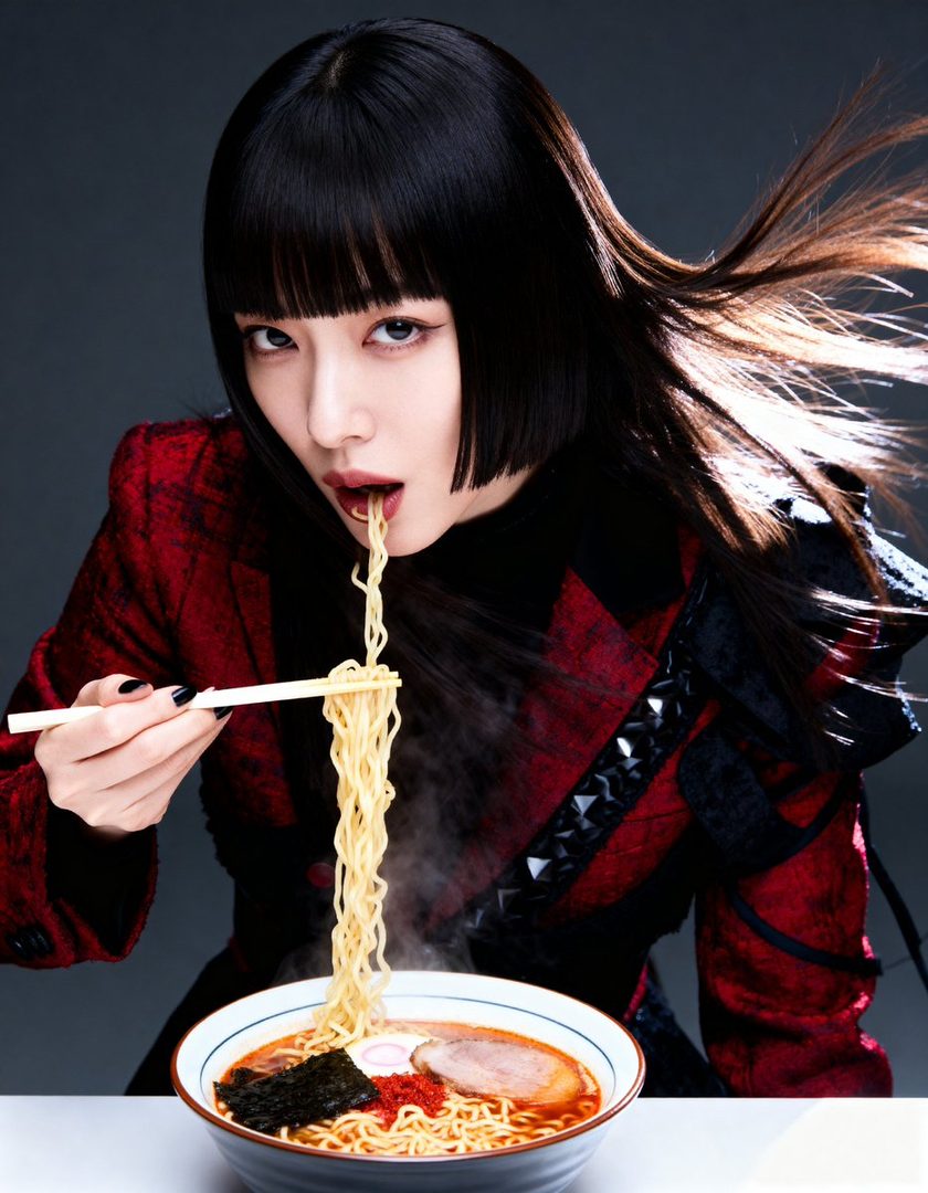A young woman with black bob haircut and bangs, wearing a red and black jacket, eats ramen with chopsticks in a studio portrait.