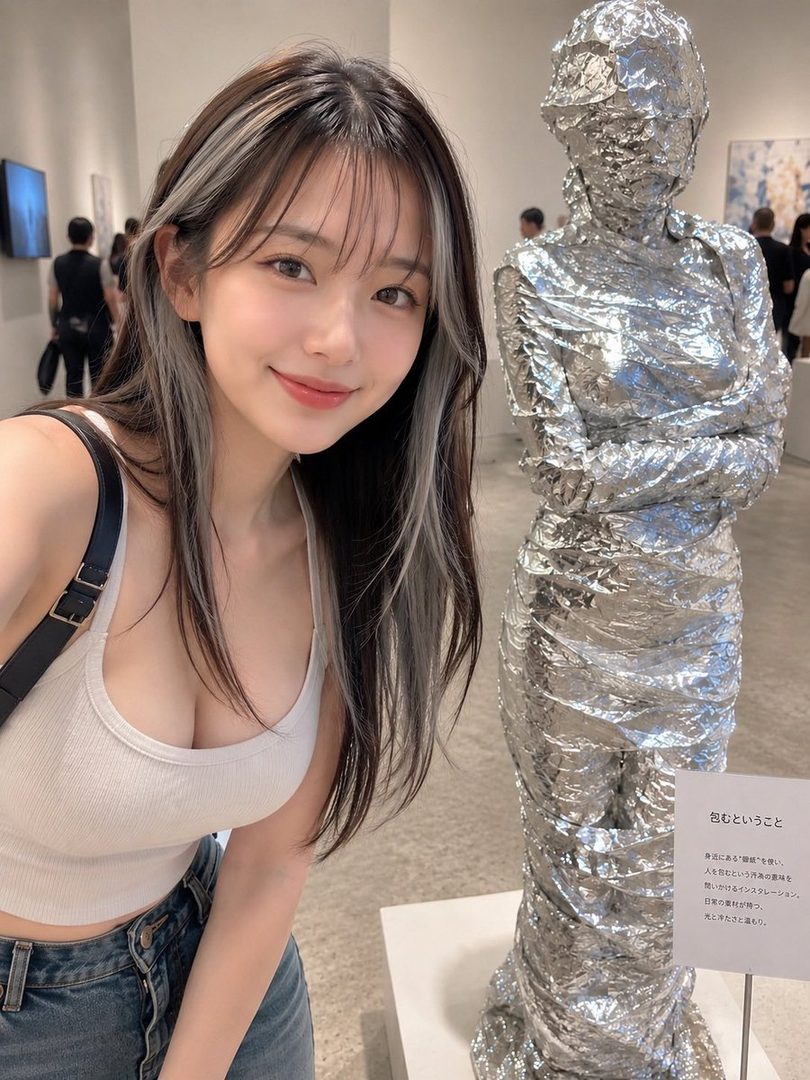 A young East Asian woman with long dark hair with grey streaks takes a selfie in an art gallery, posing next to a sculpture wrapped in silver foil.