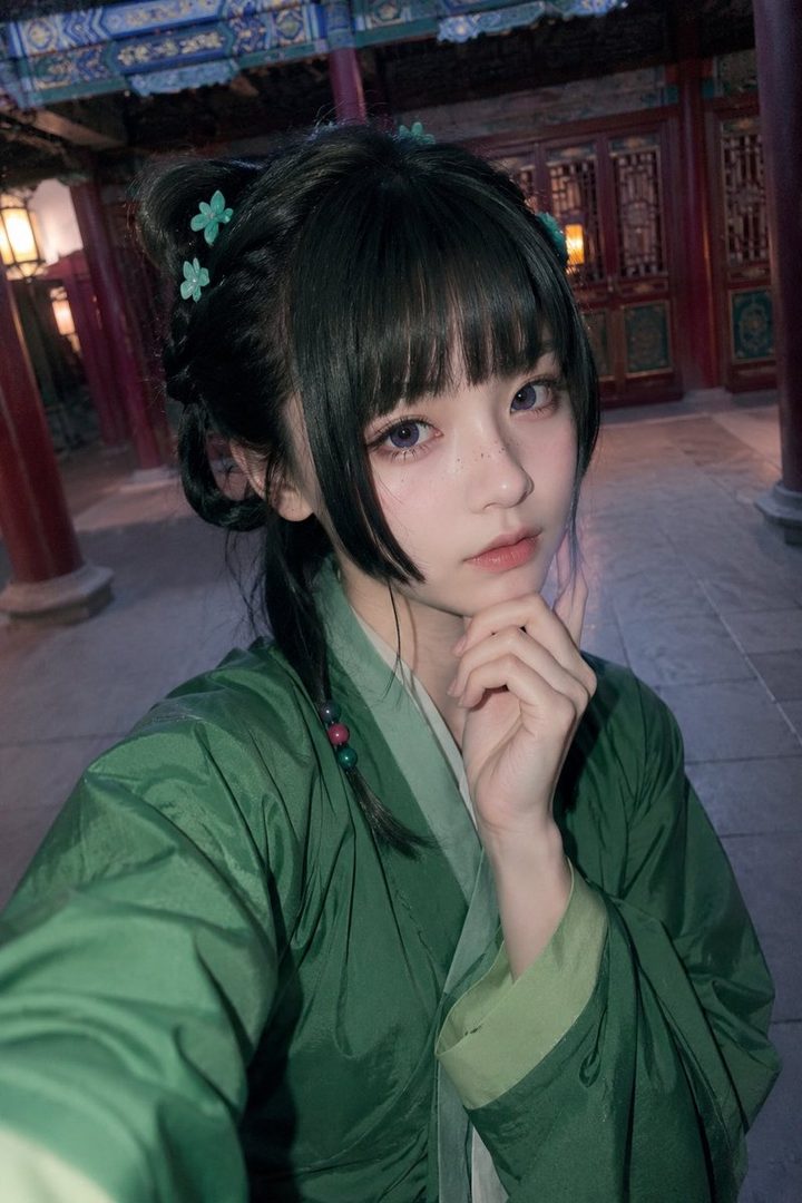 A young woman with black hair and bangs, wearing a green traditional Chinese outfit, poses for a selfie in an outdoor courtyard with traditional architecture.
