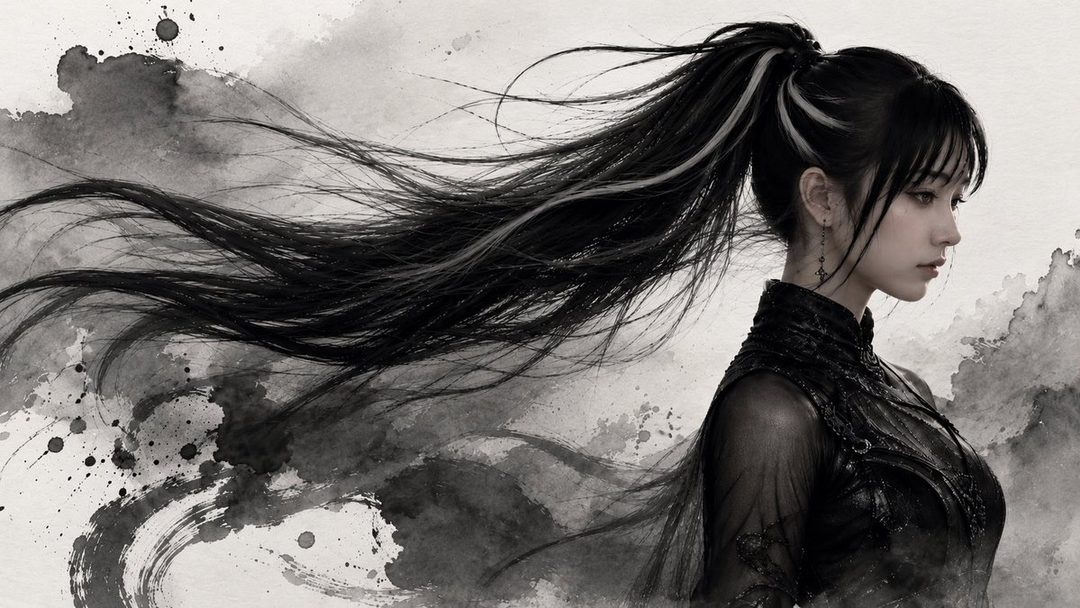 A profile portrait of a young East Asian woman with long black hair in a high ponytail, wearing a black traditional-looking outfit, with a watercolor ink wash background.