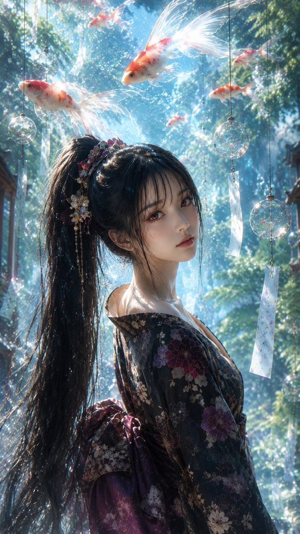 A beautiful East Asian woman with long black hair in a high ponytail, wearing a traditional kimono, posing outdoors with koi fish swimming in the air.