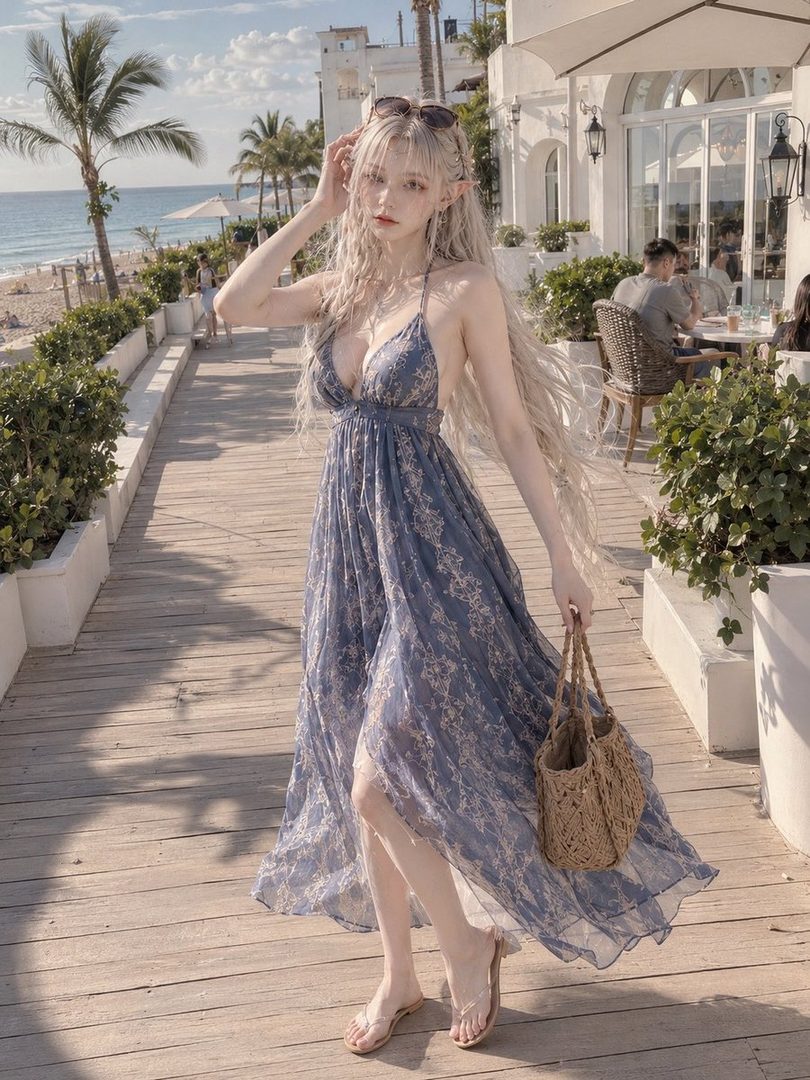 A beautiful woman with long blonde hair and elf ears, wearing a blue floral dress and holding a straw bag, poses on a wooden boardwalk by the beach.