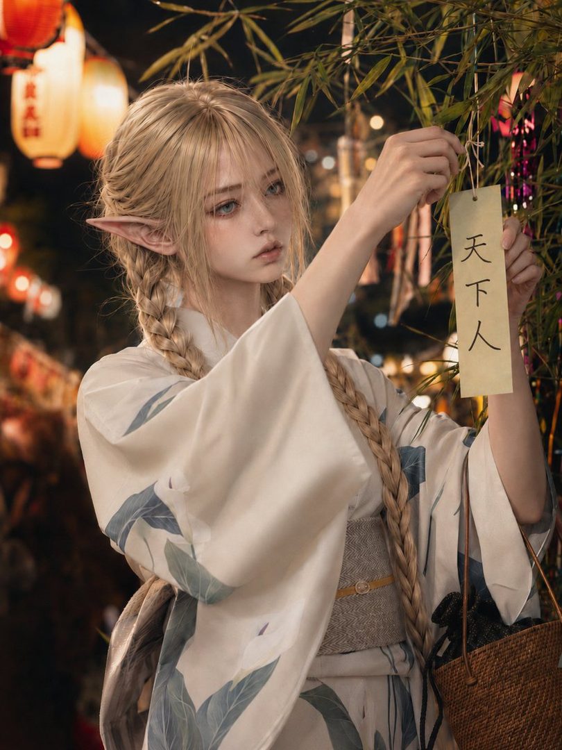 A young woman with blonde braided hair and elf ears, wearing a white kimono with blue floral patterns, hangs a wish on a bamboo tree at night.