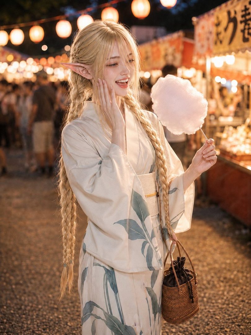 A young woman with blonde braided hair and elf ears, wearing a traditional Japanese yukata, holds a pink cotton candy at a night festival.