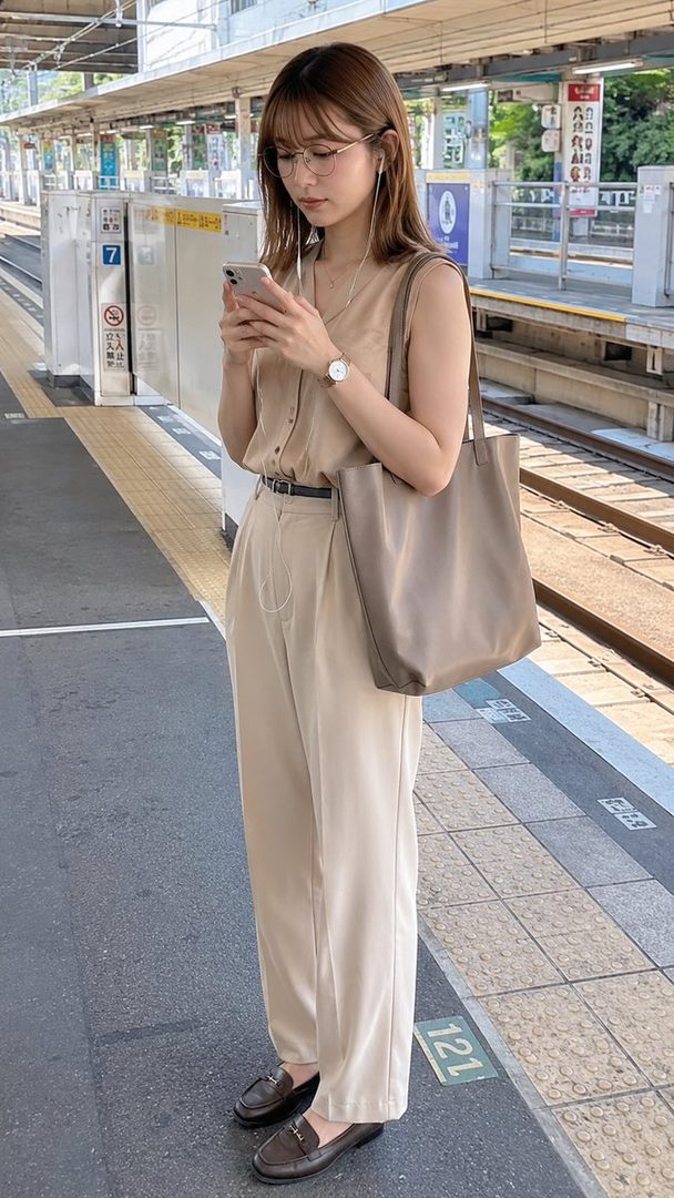 A young Japanese woman with glasses and brown hair, wearing a beige sleeveless blouse and beige wide-leg pants, stands on a train platform holding her smartphone.
