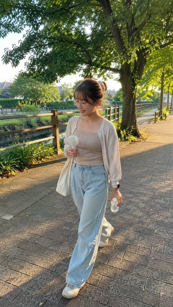 A young Japanese woman with her hair in a bun, wearing glasses and casual clothes, walks along a tree-lined path at sunset, holding a portable fan.