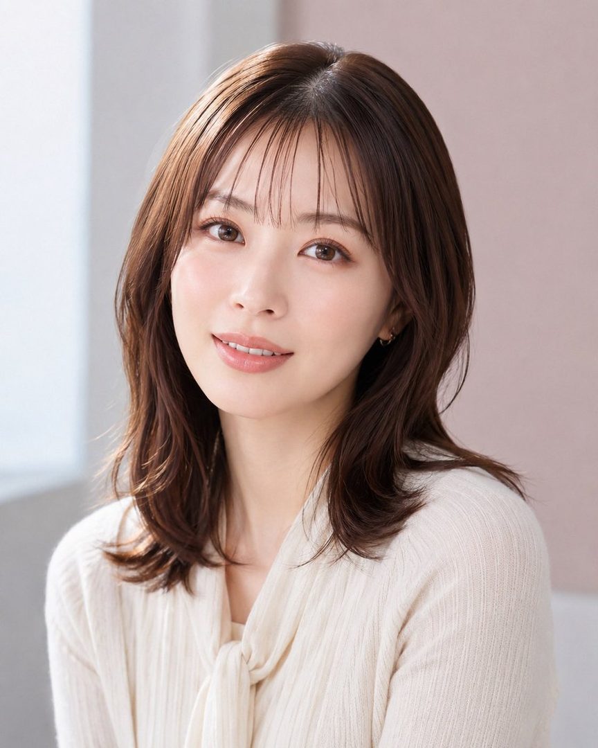 A beautiful Japanese woman with shoulder-length brown hair and bangs, wearing a cream-colored blouse, smiles gently in a studio portrait.