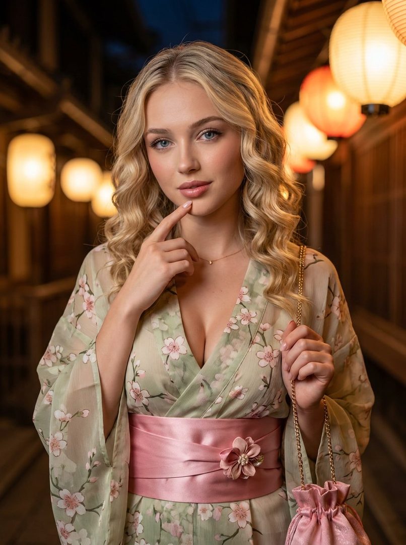 A beautiful young blonde woman in a floral kimono poses elegantly at night in a Japanese garden, with glowing lanterns in the background.