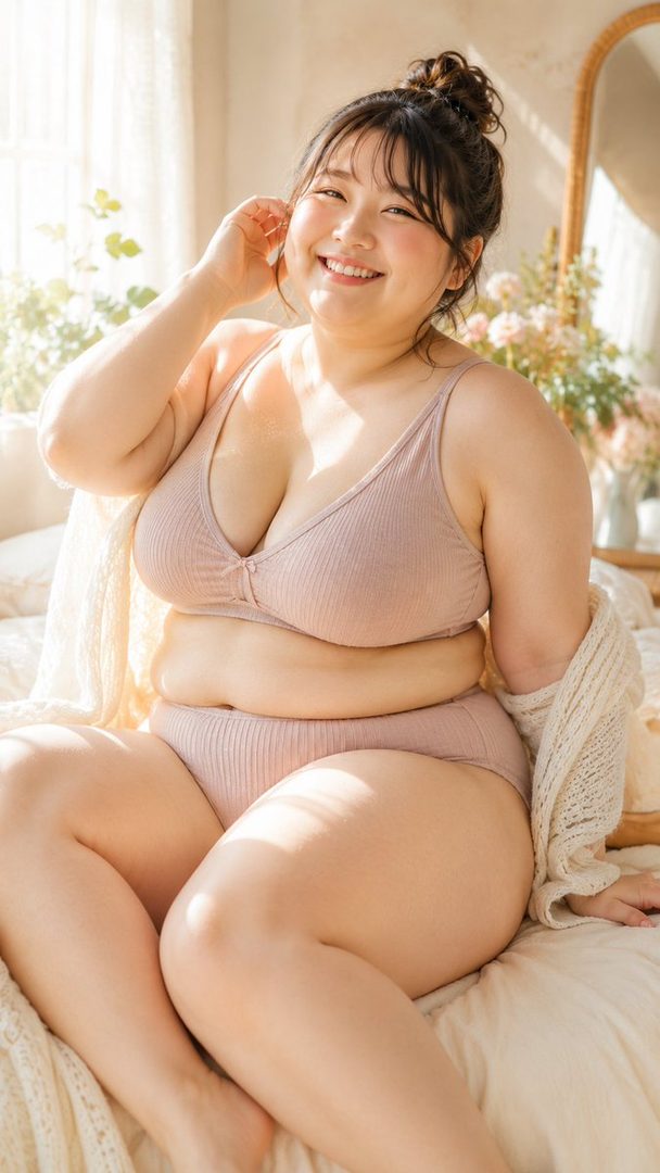 A smiling plus-size East Asian woman in a pink bra and underwear set, sitting on a bed with a cardigan draped over her shoulders.