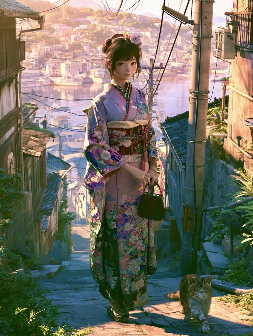 A young Japanese woman in a traditional kimono stands on a steep street overlooking a coastal town, with a cat walking nearby.