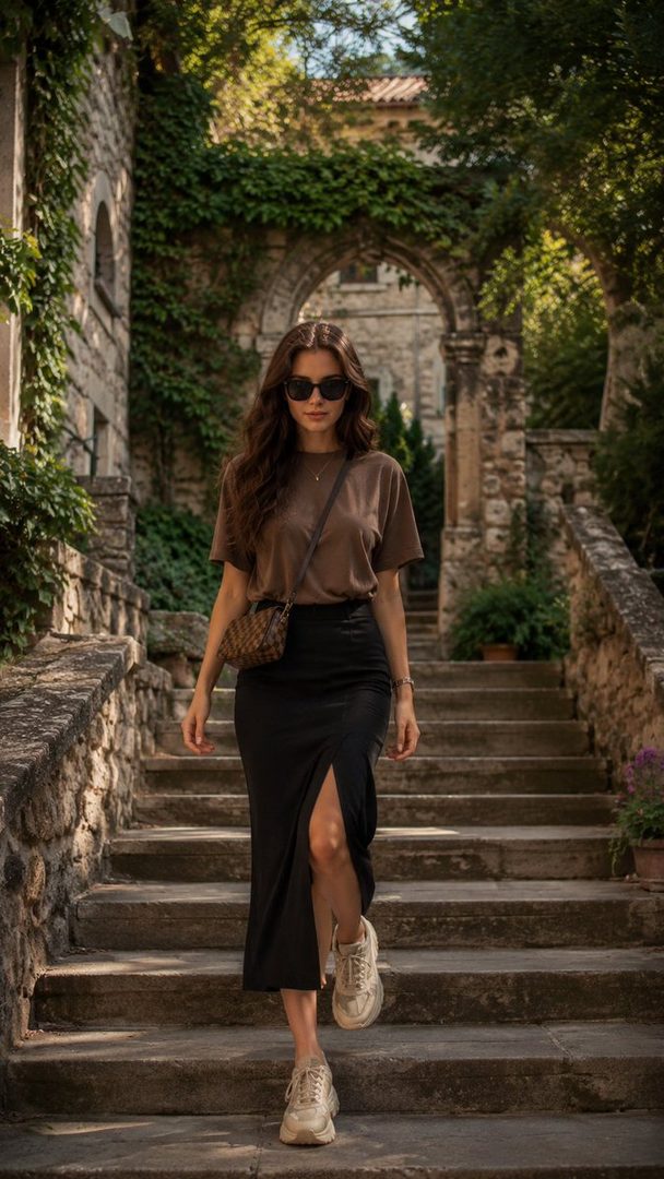 A stylish young woman with long brown hair and sunglasses walks down stone stairs in a European-style courtyard, wearing a brown t-shirt, black skirt, and sneakers.