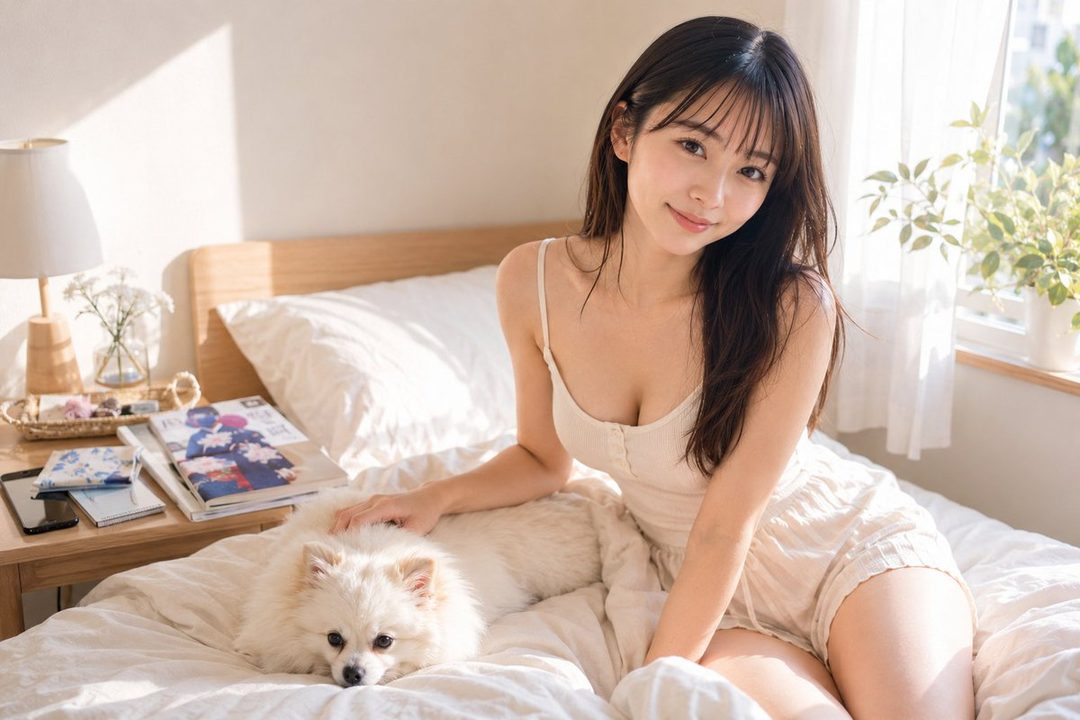 A young woman with long dark hair and bangs, wearing a light-colored camisole and shorts, sits on a bed next to a fluffy white dog. Sunlight streams in from a window, creating a warm and cozy atmosphere.