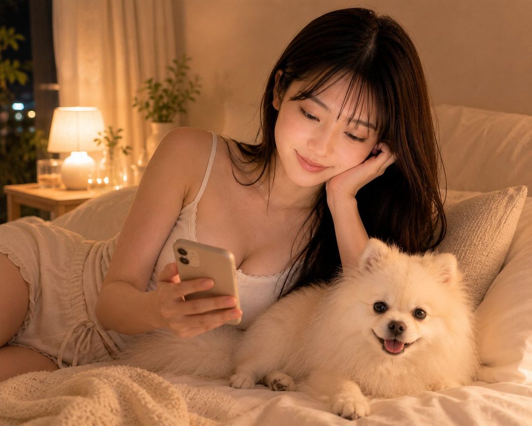 A young woman with long dark hair, wearing a camisole and shorts, lies on a bed with a Pomeranian dog, looking at her phone.