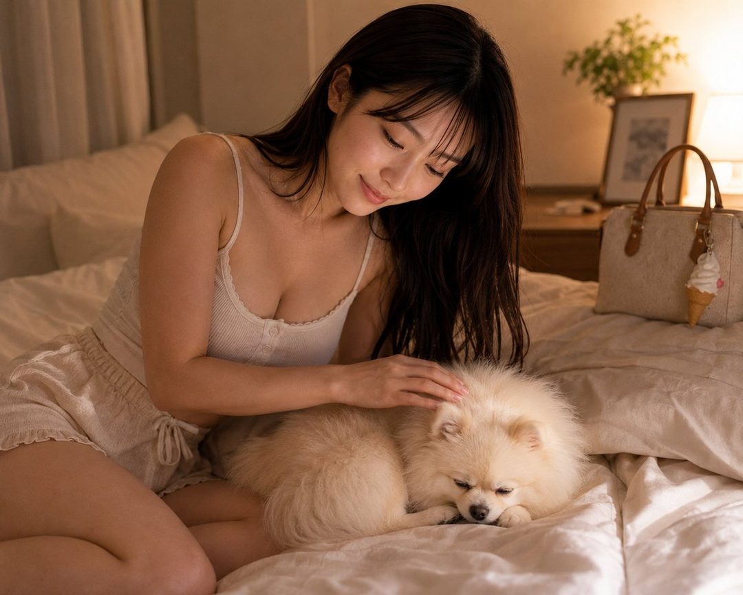 A young woman with long dark hair sits on a bed, petting a fluffy white dog. She wears a white camisole and light-colored shorts, with a soft smile on her face.