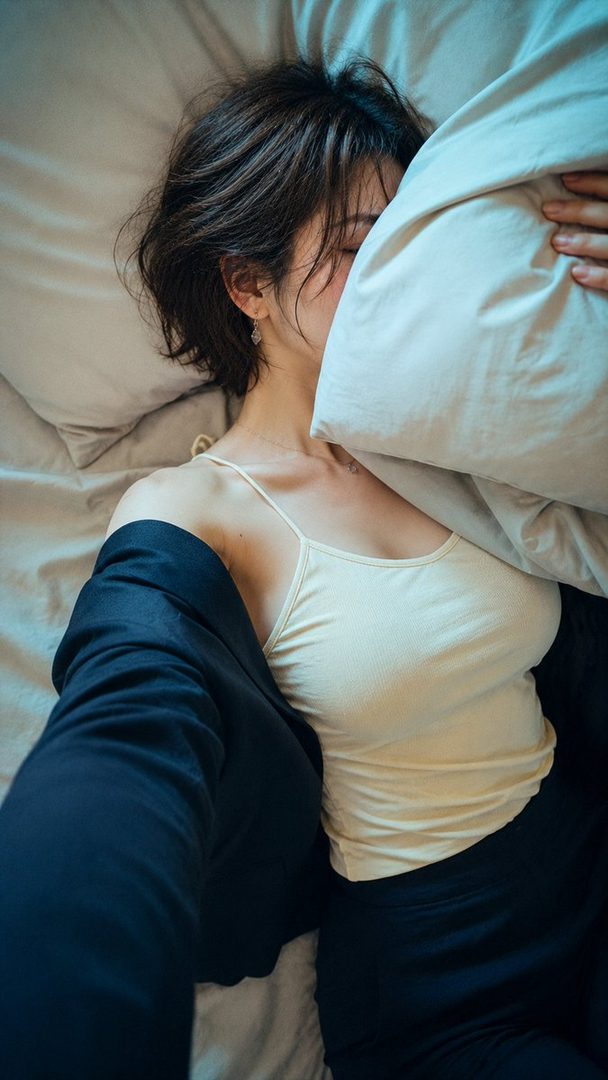 A young woman with short dark hair is lying in bed, holding a pillow to her face, wearing a camisole and a dark jacket.