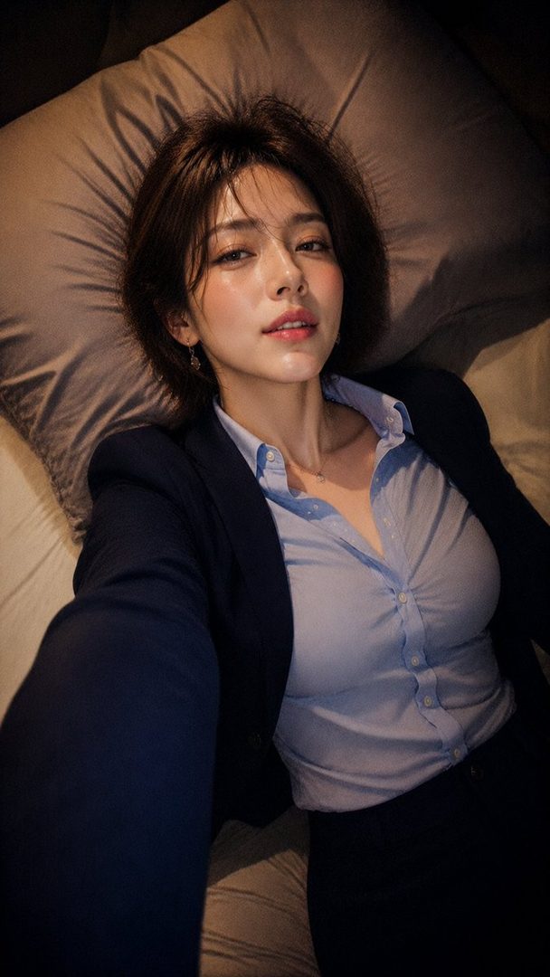 A woman in a blue blouse and dark blazer lies on a pillow, taking a selfie.
