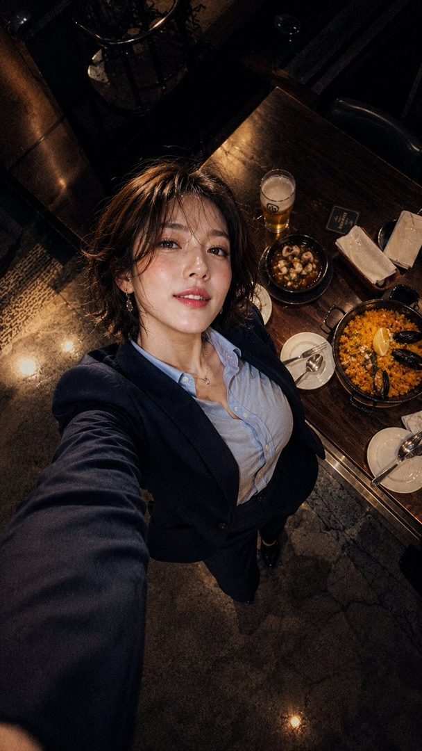 A young East Asian woman in a suit and blouse takes a selfie at a table with food and drinks.