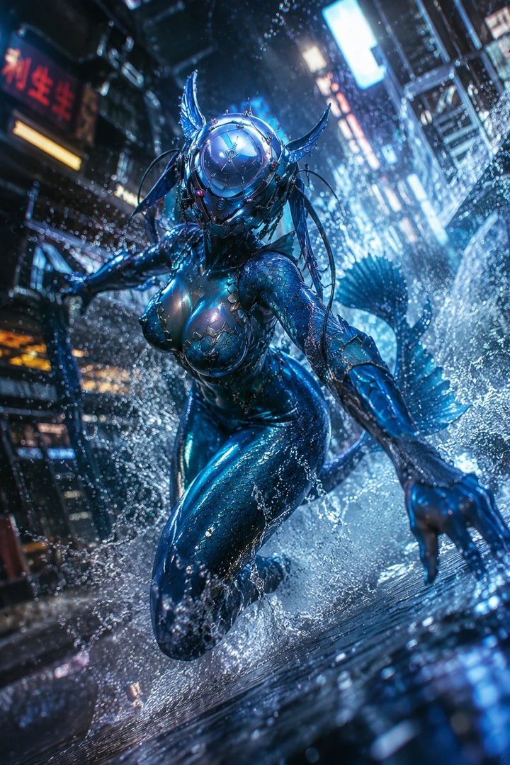 A futuristic, aquatic-themed AI model in a blue, scaly suit with a helmet, posing dynamically in splashing water amidst a neon-lit city at night.
