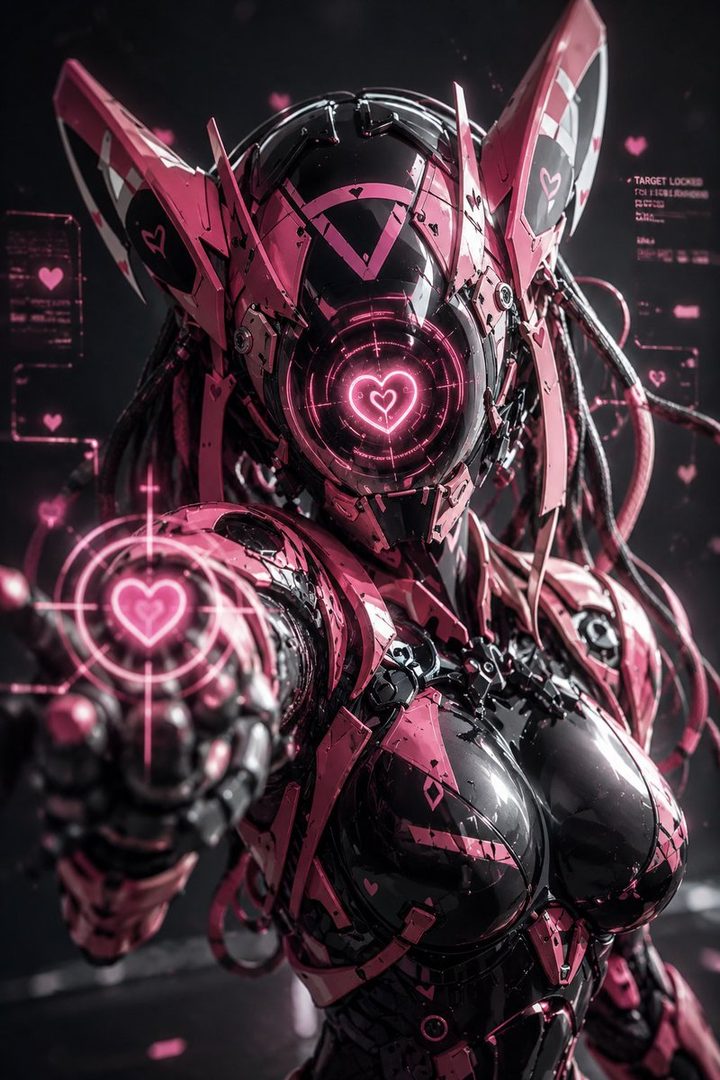 A futuristic cyborg woman with pink and black armor, targeting the viewer with a heart-shaped reticle.