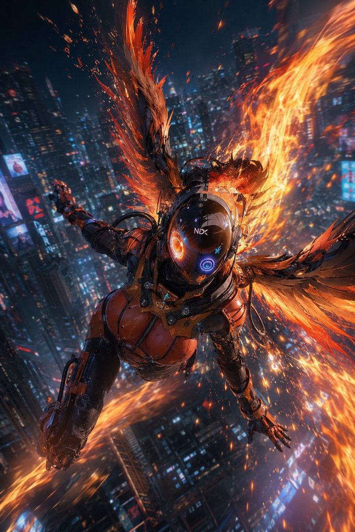 A futuristic cyborg with fiery wings soaring through a neon-lit cityscape at night.