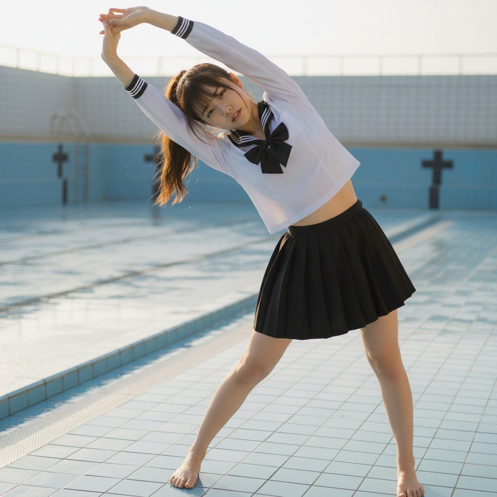 A young woman in a school uniform stretches by an empty swimming pool.