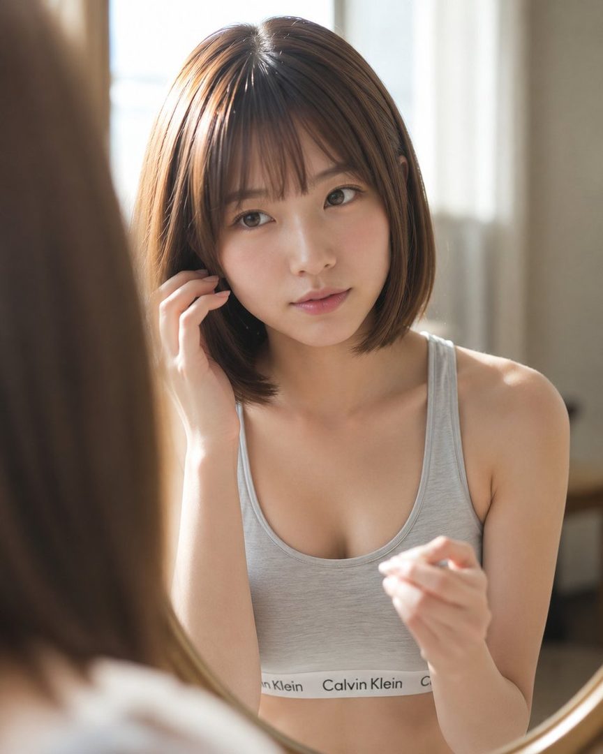 A young East Asian woman with short brown hair and bangs, wearing a grey Calvin Klein sports bra, looks into a mirror and touches her hair.